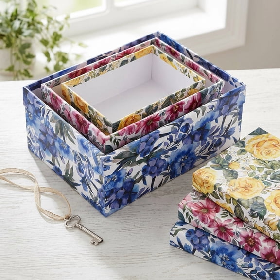 3-Piece Garden Blooms Watercolor Floral Decorative Storage Box Set