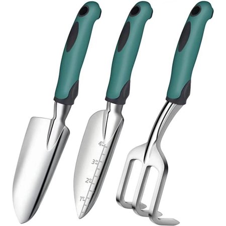 3-Piece Garden Tool Set with Rubberized Non-Slip Handles, Stainless Steel(Green)