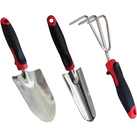 3-Piece Garden Tool Set with Rubberized Non-Slip Handles, Stainless Steel(Red)