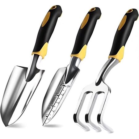 3-Piece Garden Tool Set with Rubberized Non-Slip Handles, Stainless Steel(Yellow)