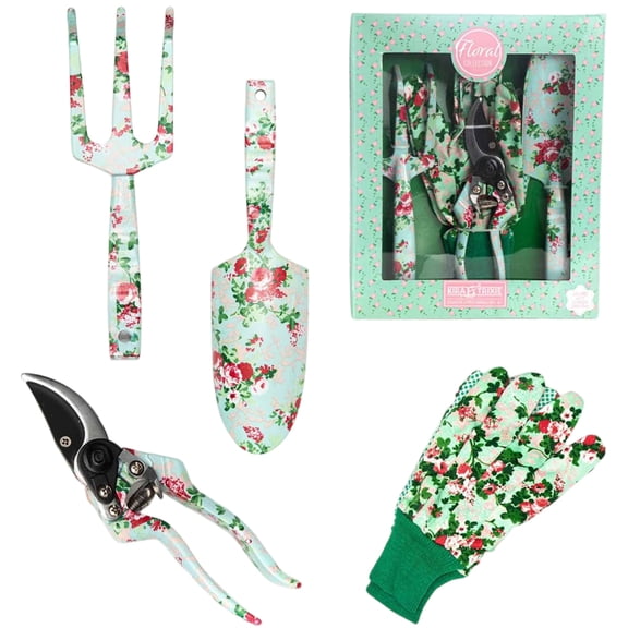3-Piece Gardening Tool Set with Floral Design - Includes Pruner, Trowel, Fork, Gloves for Digging, Planting, Pruning, Ergonomic Handles, Stainless Steel Blades - Home Gardeners, Patio, Flower Beds, V