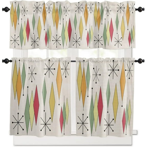 3 Piece Geometric Diamond Vintage Kitchen Curtains, Tier and Valance Rod Pocket Window Curtains Set Mid Century Cafe Curtains for Kitchen Valances Window Treatment 54X18in+27x36in×2