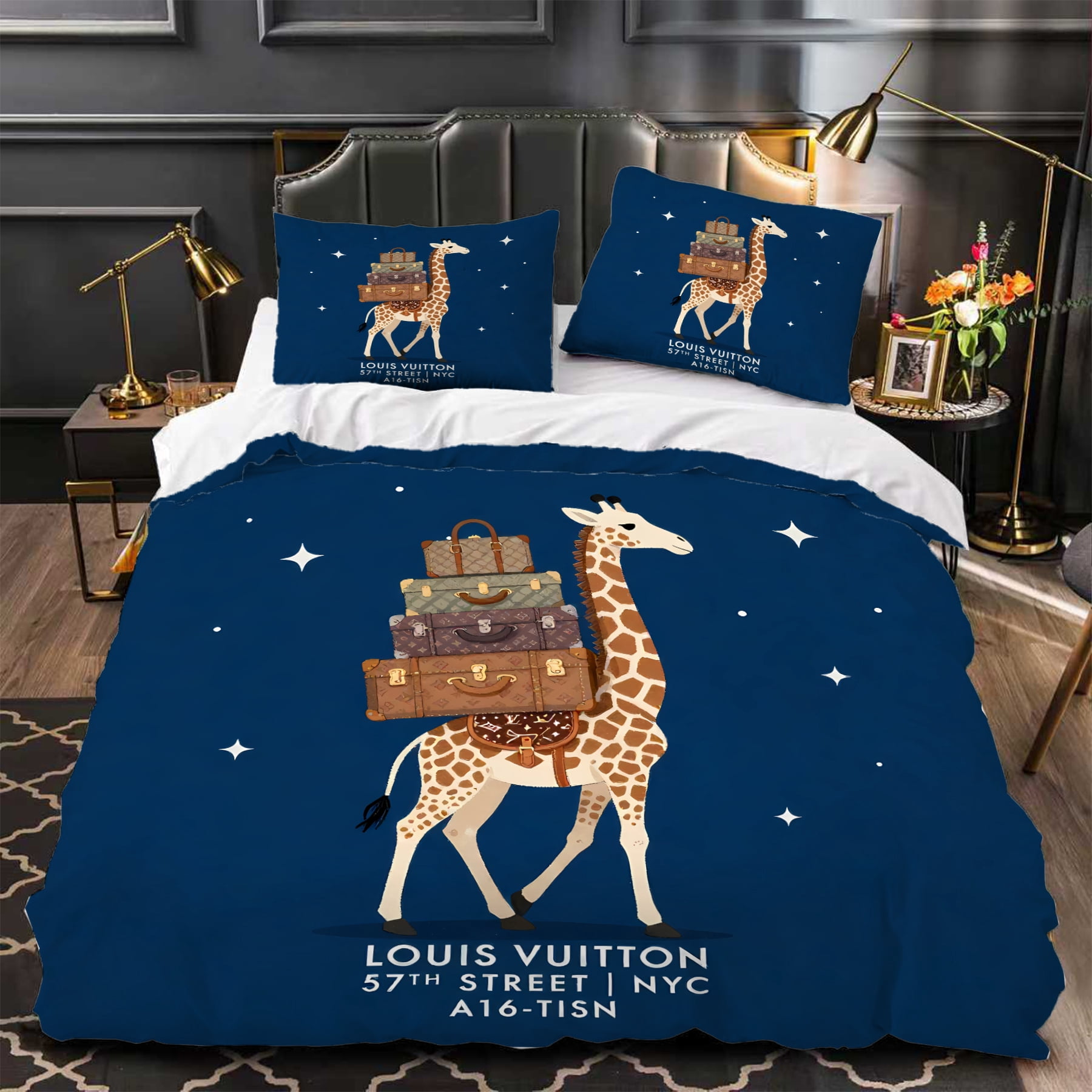 3-Piece Giraffe Duvet Cover Set with Luggage Design on Dark Blue ...