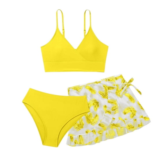 3 Piece Girls Bikini Set Spaghetti Strap V Neck Halter Elastic Waist Trunks With Print Skirts Cute Bathing Suit (8-9 Years, Yellow)
