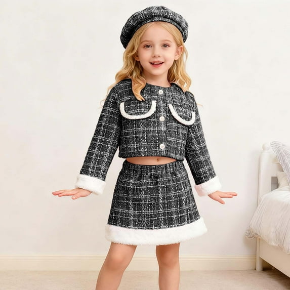 3 Piece Girls Elegant Plaid Print Coat Jacket Mini Half Skirt and Matching Hat Set Fashion Casual Daily Party Holiday Kids Outfit,Black,120