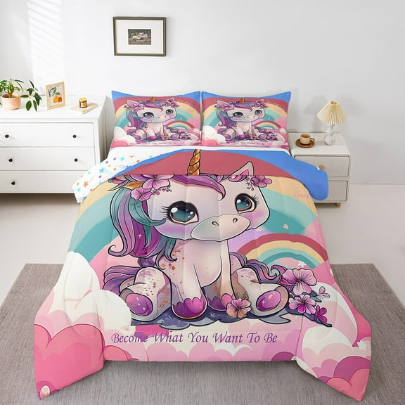 3 Piece Purple Full Unicorn Comforter Set Bedding Rainbow Unicorn Full Bedding Sets, Cute Cartoon Unicorn Bedroom Decor All Season