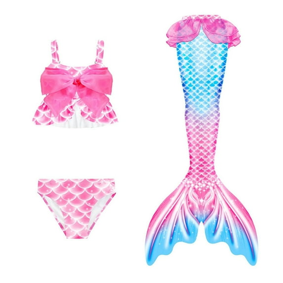 3 Piece Girls Swimsuit Bathing Suits Tail for Kids Bikini Kids Tails Summer Beach Bathing Suit for Child Girl 4-5Years