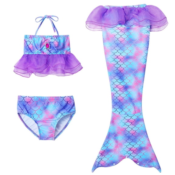 3 Piece Girls Swimwear Ruffle Mesh Patchwork Fish Scale Print Bathing Suits Bikini Tail Set Size 6-7 Years