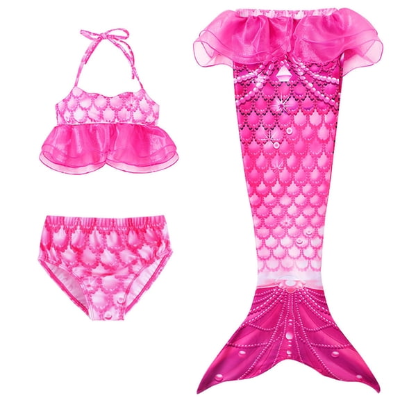 3 Piece Girls Swimwear Ruffle Mesh Patchwork Fish Scale Print Bathing Suits Bikini Tail Set Size 7-8 Years