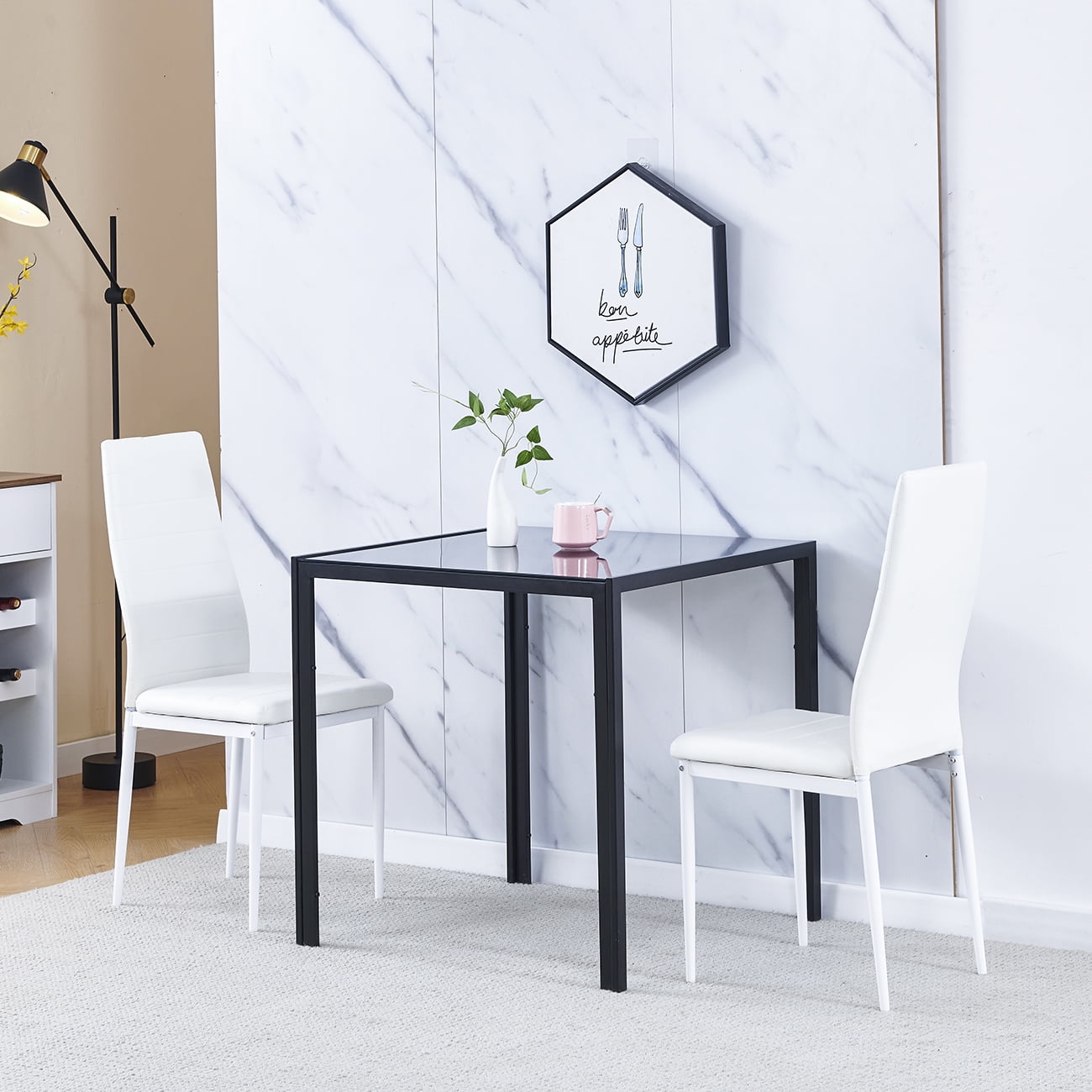 3Piece Glass Dining Set, Black High Gloss Square Dining Table Set with