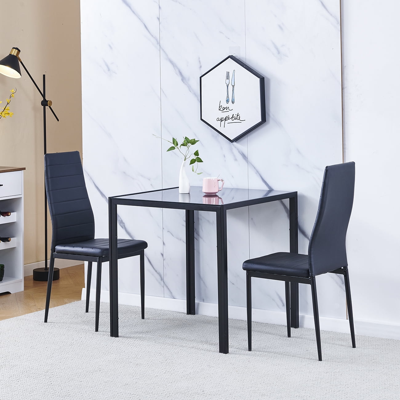 3-Piece Glass Dining Set, High Gloss Square Dining Table Set with Metal Frame & Glass Tabletop ...