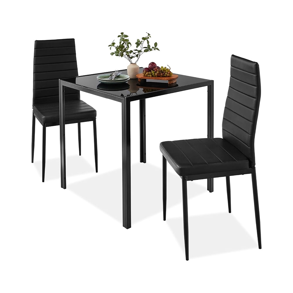 Black 3-Piece Glass Dining Set with PU Leather Chairs