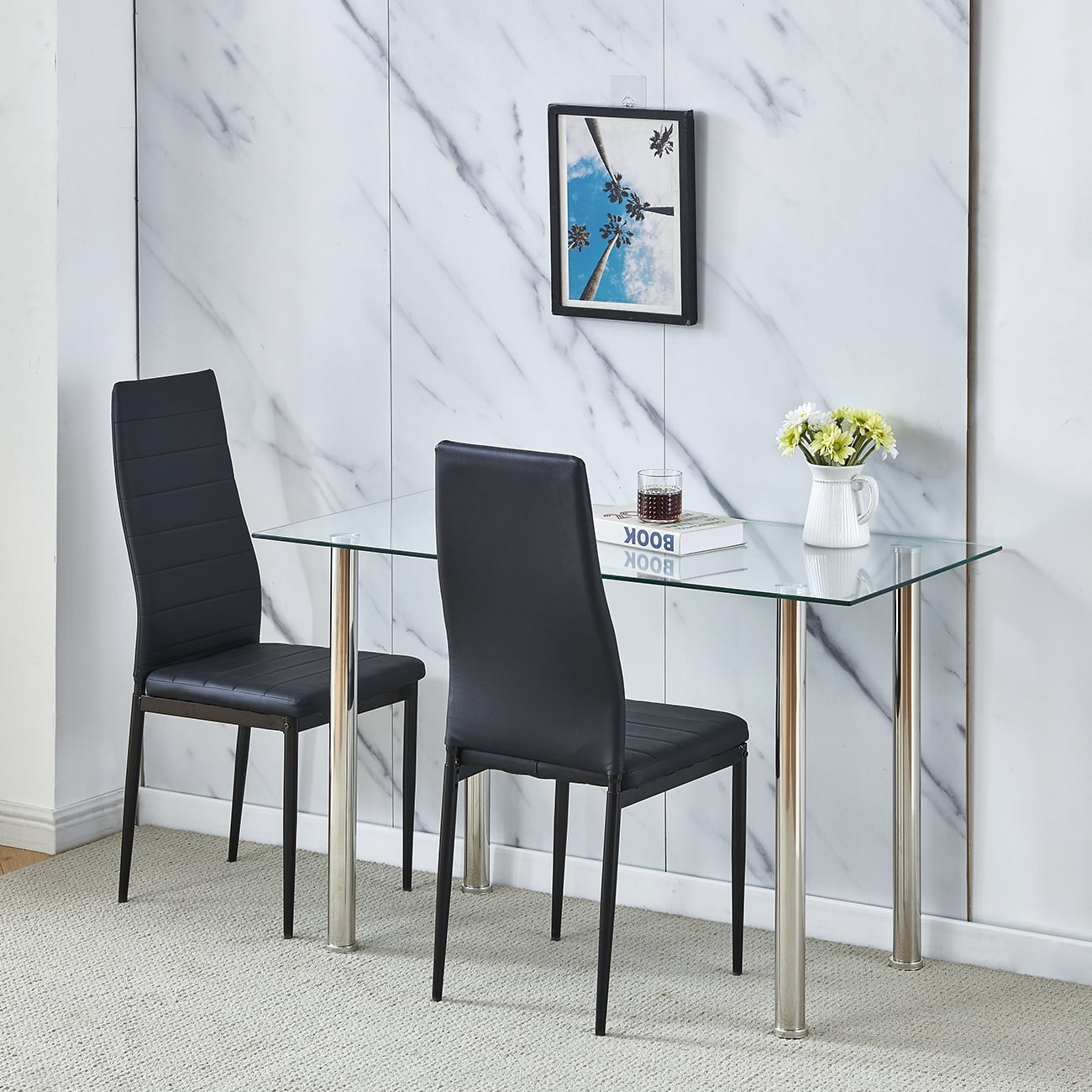 3-Piece Glass Dining Set,Square Dining Table Set with Metal Frame & Glass Tabletop,PU Leather ...