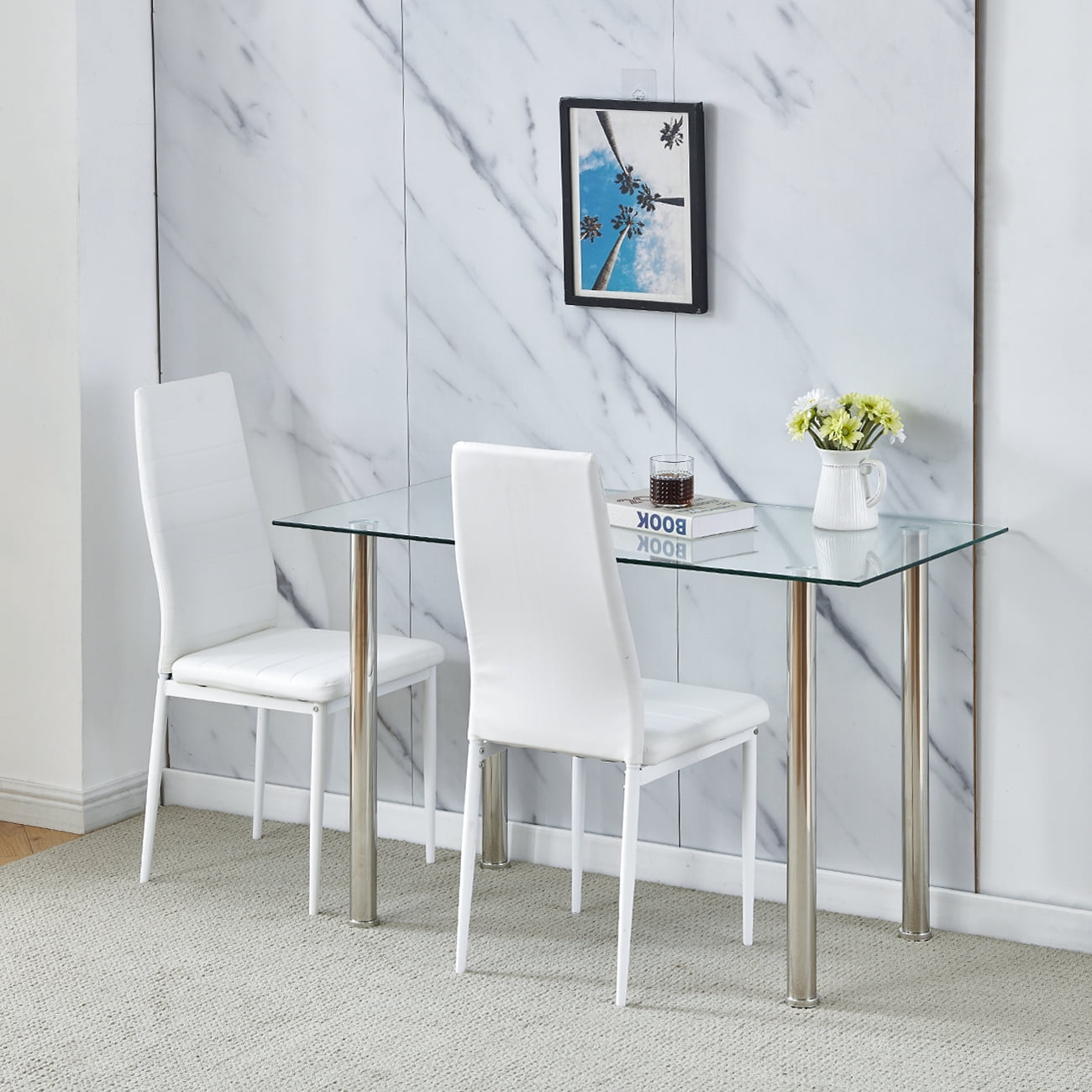 3-Piece Glass Dining Set,Square Dining Table Set with Metal Frame & Glass Tabletop,PU Leather ...