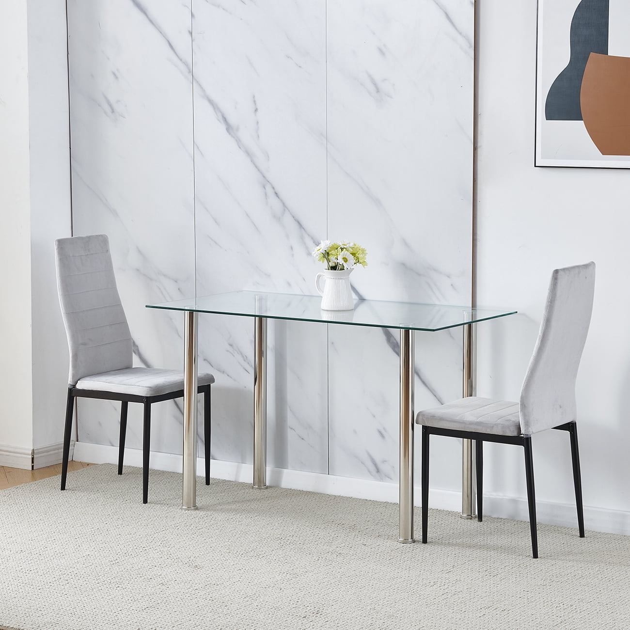 3-Piece Glass Dining Set,Square Dining Table Set with Metal Frame & Glass Tabletop,Velvet Gray ...