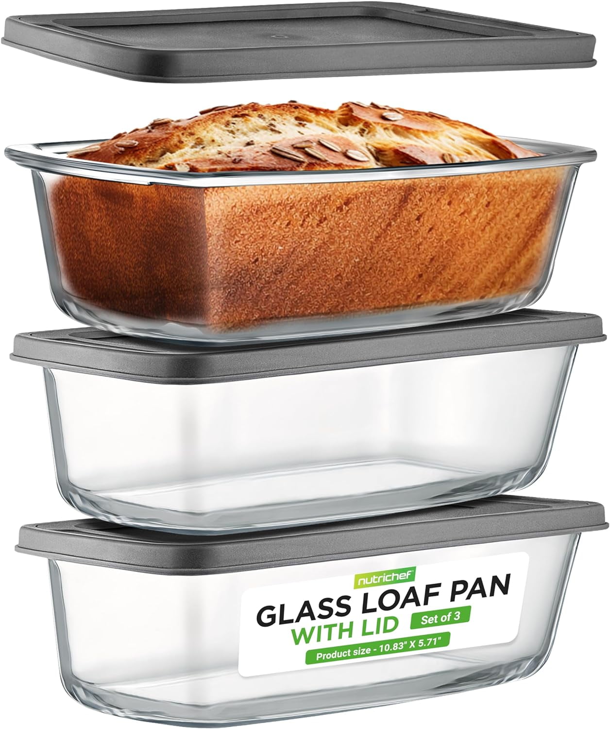 NutriChef 3-Piece Clear Glass Loaf Pan Set with Lids