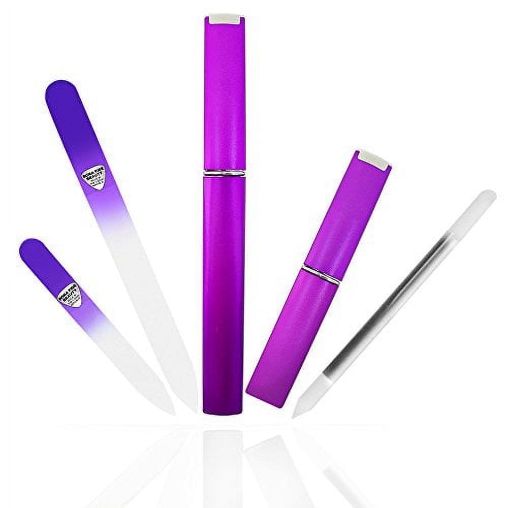 Bona Fide Beauty 3-Piece Glass Manicure Nail File Set - Glass Cuticle Pusher, Travel Nail File, and Glass Nail File (Violet)