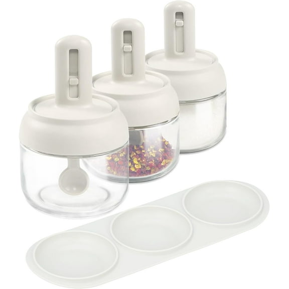 3 Piece Glass Salt Container | Storage | Pepper,Table Salt, Sugar,Gourmet Salts,Spice |Chili Herbs |10 oz |Glass Salt Container with Lid and Retractable Spoon
