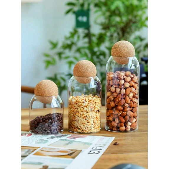 3-Piece Glass Storage Container Set (1200ml/800ml/500ml) - Sealed Jars with Spherical Cork Stoppers for Food, Coffee, Tea & Kitchen Storage