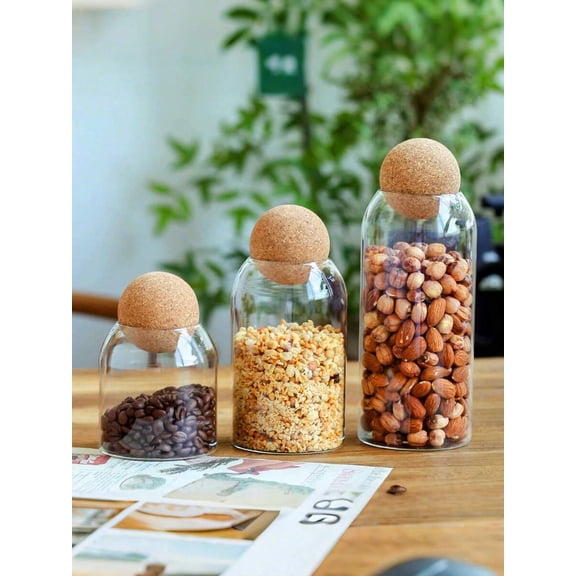 3-Piece Glass Storage Container Set (1200ml/800ml/500ml) - Sealed Jars with Spherical Cork Stoppers for Food, Coffee, Tea & Kitchen Storage
