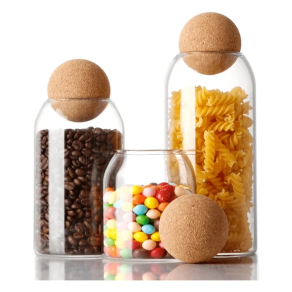 3-Piece Glass Storage Jars - 17oz/500ml Glass Containers with Ball Cork Stoppers for Food, Coffee, Sugar, Spices, Tea