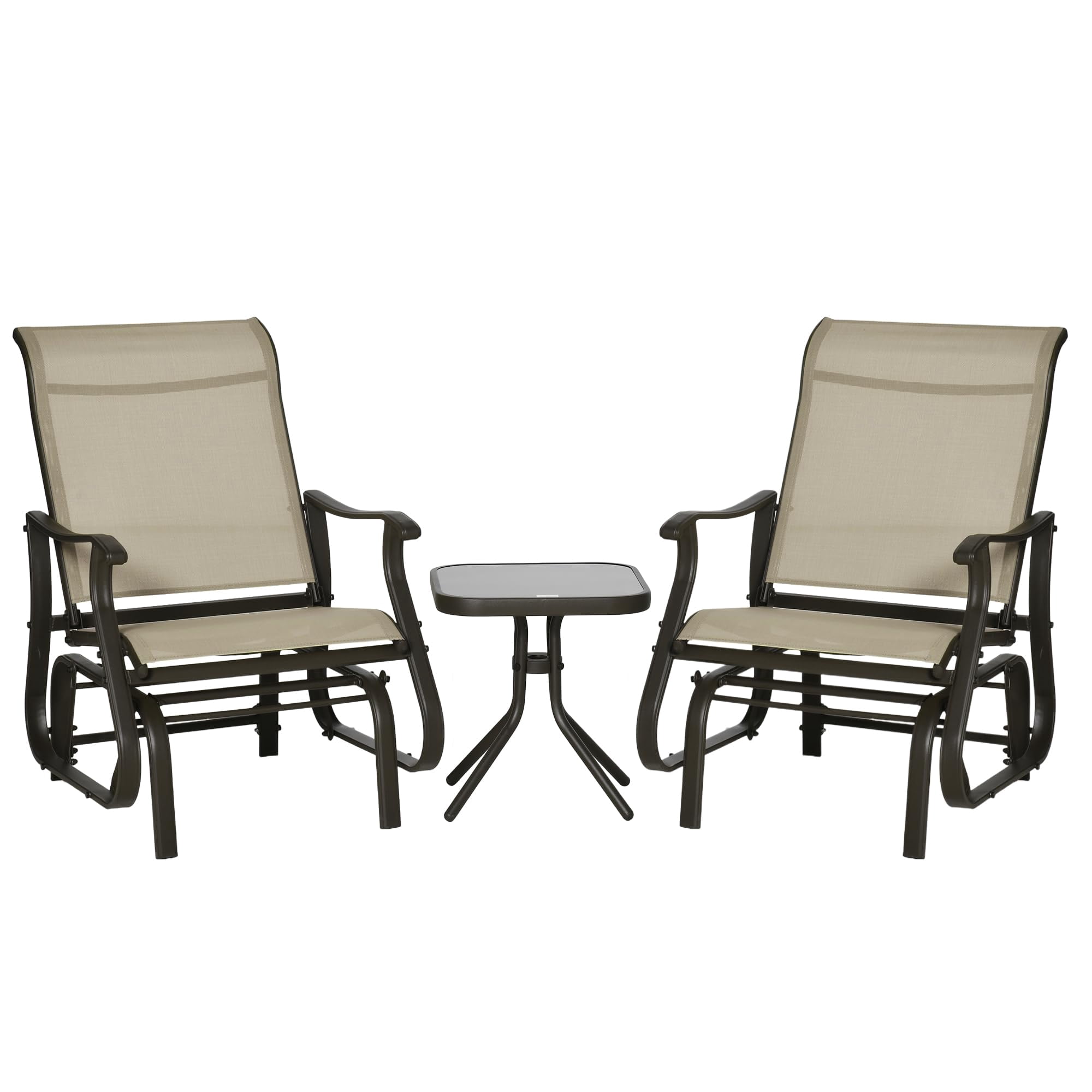 3-Piece Gliding Chair & Tea Table Set, Outdoor 2 Rocker Seats with Steel Frame, Tempered Glass Tabletop, Garden Patio Furniture, Grey