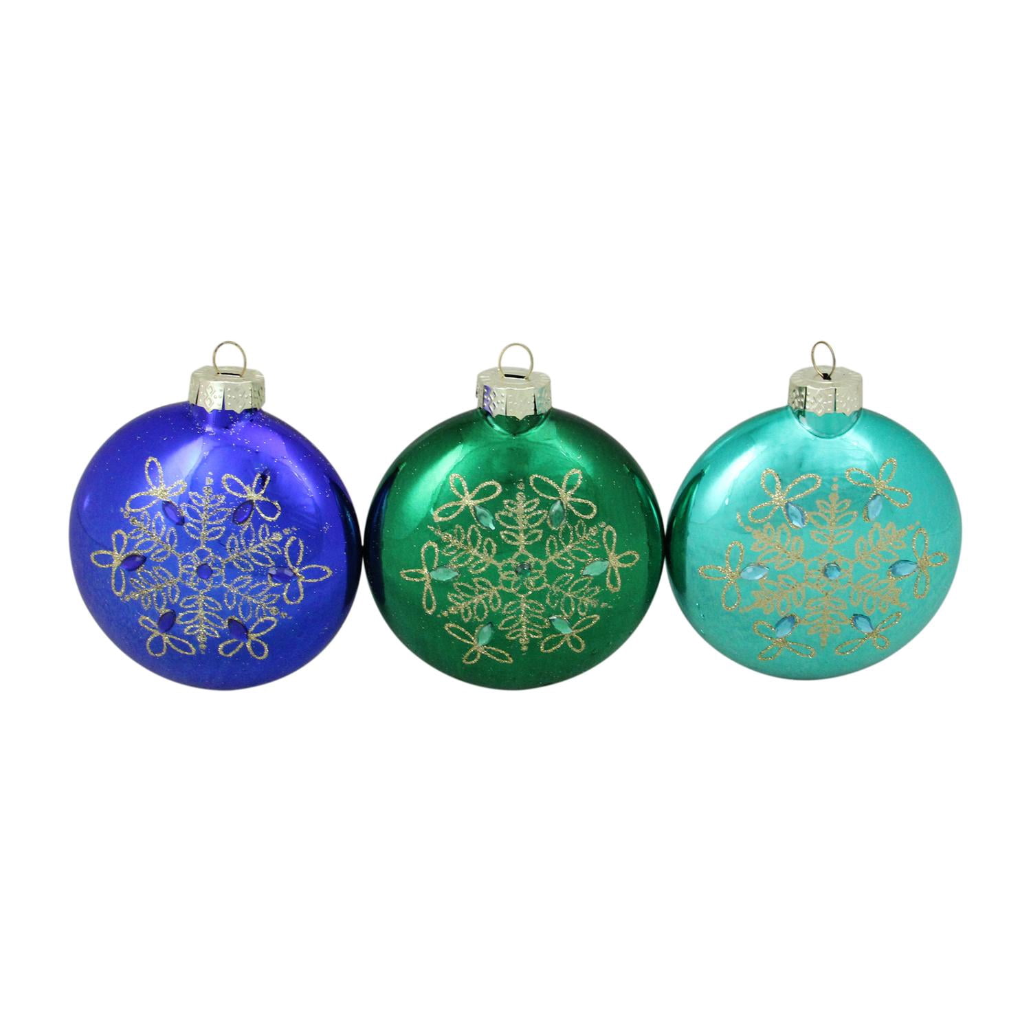 3-Piece Glitter Snowflake Blue and Green Disc Shaped Glass Disk Ornament Set