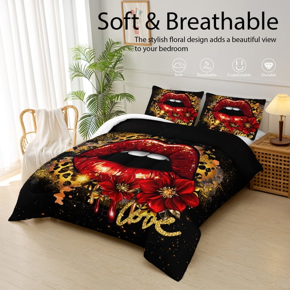 3-Piece Gold Comforter Set Twin Size, Red Lip Print Bedding Set (1 Comforter + 2 Pillowcases), Suitable for All Seasons, Soft, Comfortable,Breathable Bedding for Home or Dorm Decor