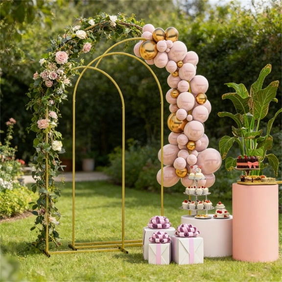 3-Piece Gold Metal Garden Arch Set 6 6.5 7 Ft Decorative Wedding Arched Frames with Metal Brackets & Ground Stakes for Ceremony Party & Photo Backdrop