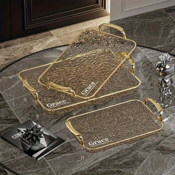 3-Piece Gold-Rimmed Serving Tray Set - Clear Rectangular Platters (Large/Medium/Small) with Handles - Perfect for Fruit, Snacks, Parties & Entertaining