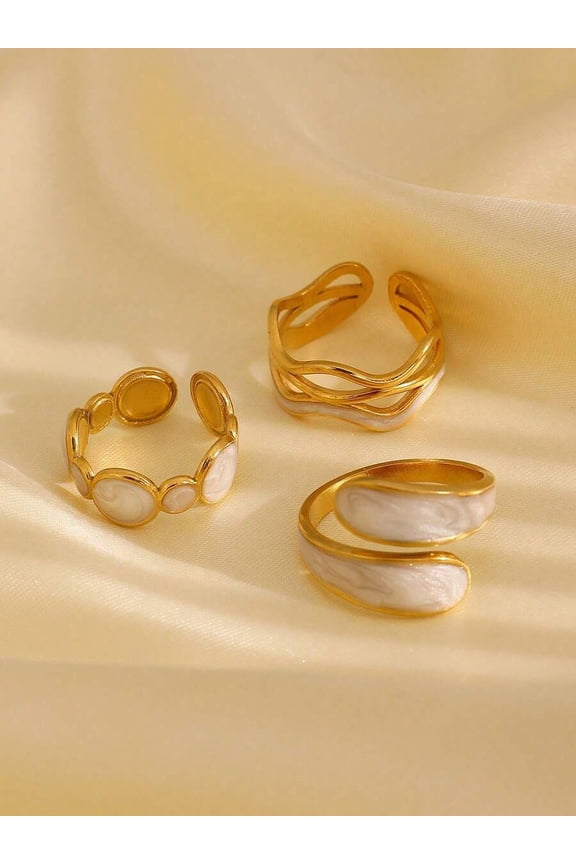 3-Piece Gold Tone Asymmetrical White Marble Inlay Stainless Steel Ring Set For Women