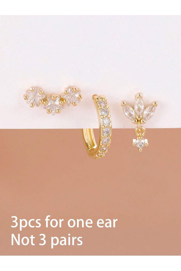 3-Piece Gold-Tone Zirconia Ear Cuff Set For One Ear Floral & Hoop Design