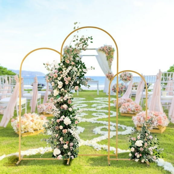 3-Piece Gold Wedding Arch Set, Iron Art Ceremony Arch Backdrop Stand 5.9ft 4.9ft 3.9ft for Indoor Outdoor Wedding Party Decor