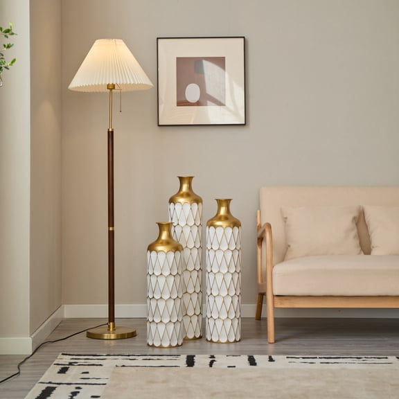 3-Piece Gold & White Geometric Metal Floor Vases 22.83/27.17/31.5in Tall Decorative Centerpiece for Modern Farmhouse & Glam Home