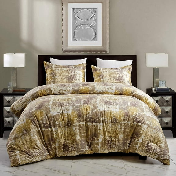 WPM Luxury 3-Piece Velvet Gold Taupe Brown Comforter Sets, Queen