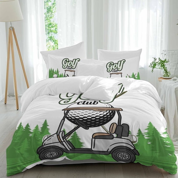 3 Piece Golf Duvet Cover Set Queen Size, Microfiber Comforter/Quilt Cover with Corner Ties and 2 Pillowcases, Green Forest Tree Balls Clubs Sports Cartoon All Season Soft Bedding with Zipper Closure