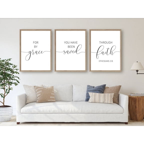 3 Piece For By Grace You Have Been Saved Through Faith Poster Prints Painting Modular Scripture Pictures Framed Artwork for Home Bedroom Decoration With Inner Frame
