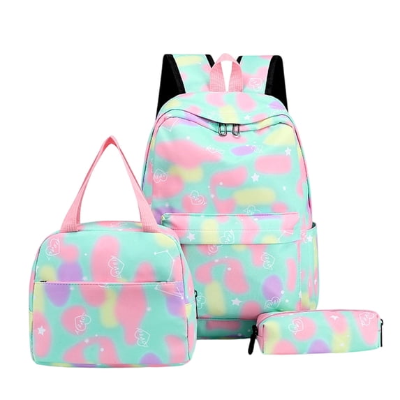 3-Piece Gradient Blot Print Nylon Backpack Set, Multi-Pocket Lightweight Daypack with Insulated Lunch Bag and Pencil Case for School Commute Outdoor Travel