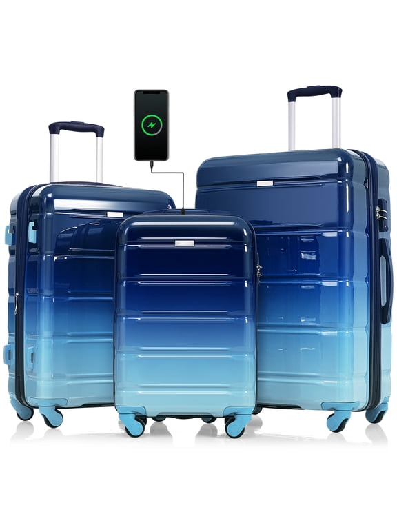 3 Piece Gradient Blue Luggage Set, ABS+PC Hard Shell Suitcase, 20 Inch Airline Approved Carry On Luggage with USB Port and Spinner Wheels for Travel