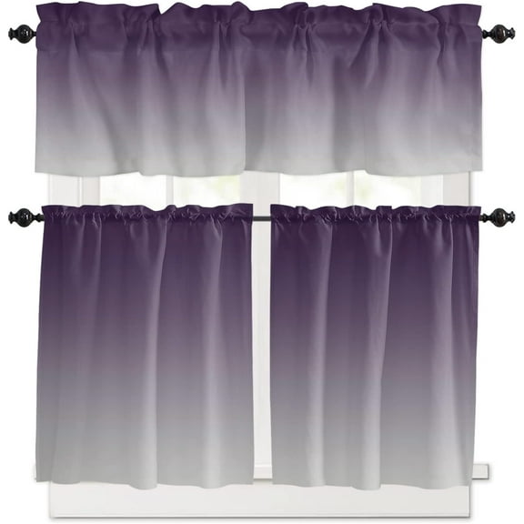 3 Piece Gradient Purple Grey Kitchen Curtains, Tier and Valance Rod Pocket Window Curtains Set Ombre Watercolor Cafe Curtains for Kitchen Valances Window Treatment 54X18in+27x24in×2