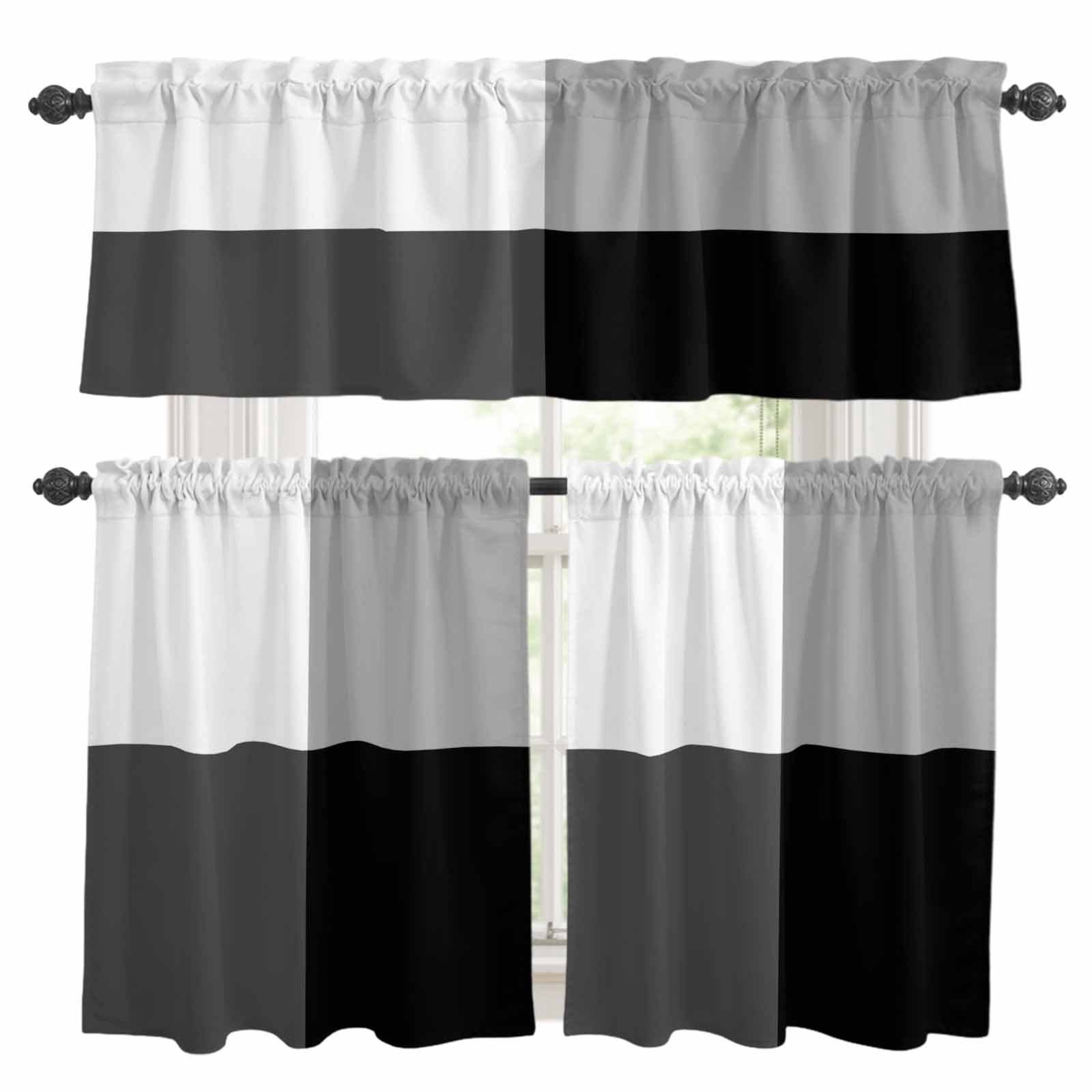 3 Piece Gradient White Kitchen Curtain Valance and Tiers Set Gray Black ...