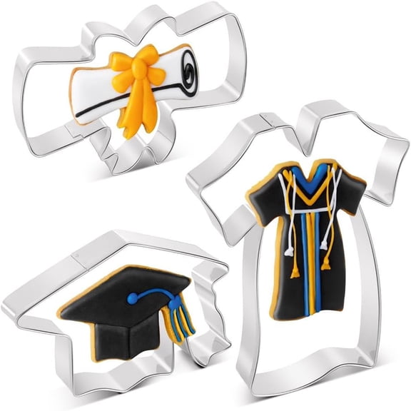 3 Piece Graduation Cookie Cutter Set, Stainless Steel Cutters with Cap, Diploma, and Gown Shapes, Metal Fondant Molds for Baking and Party Decorations, One Size, Clearance(Silver)