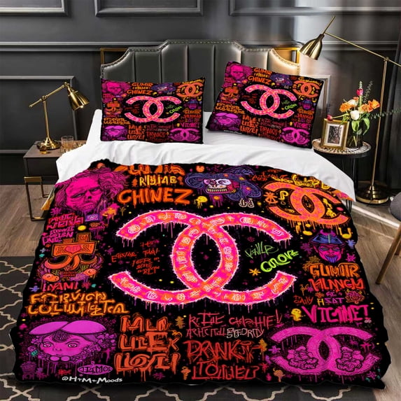 3-Piece Graffiti-Style Duvet Cover Set with Bold Pink & Black Urban Art ...