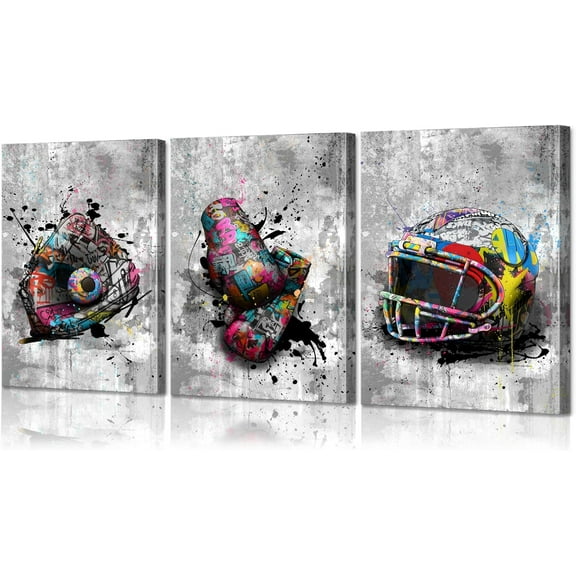 3 Piece Graffiti Wall Art Sports Poster - Football, Basketball, Baseball Wall Decor for Gym & Boys Room - 20x28x3 Inches Built-in Wooden , Lightweight & Ready to Hang, Urban Sports Themed Artwork