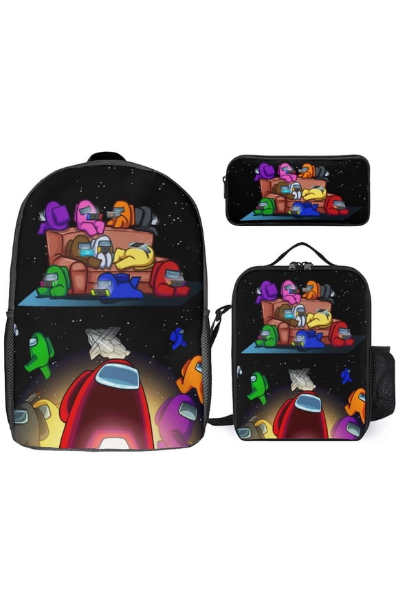 3 Piece Graphic Print Backpack Set with Utility Carry Bag and Zippered Organizer Pouch, Lightweight Multi Pocket Travel Daypack, Colorful Fantasy Illustration Design for Everyday Use