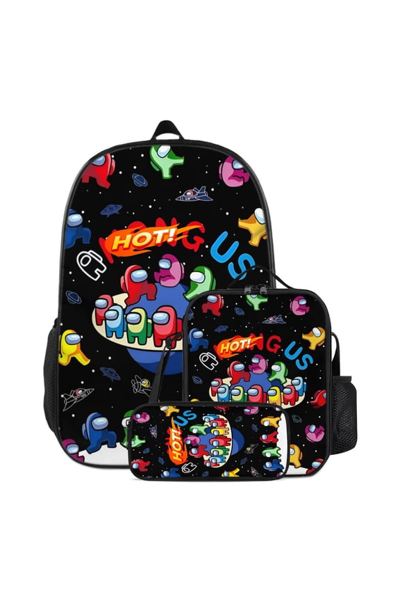 3 Piece Graphic Print Backpack Set with Utility Carry Bag and Zippered Organizer Pouch, Lightweight Multi Pocket Travel Daypack, Colorful Fantasy Illustration Design for Everyday Use