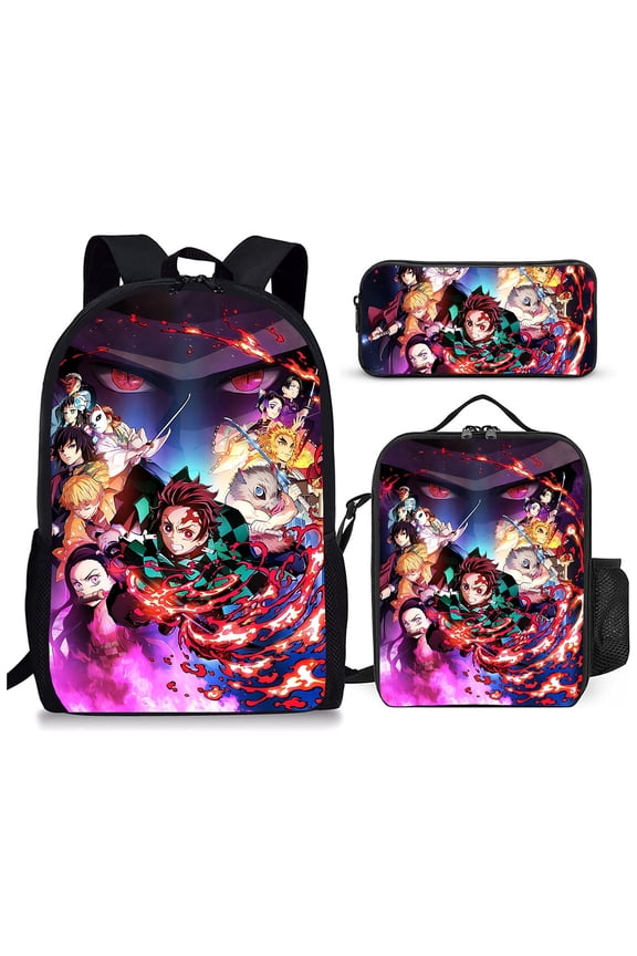 3 Piece Graphic Print Backpack Set with Utility Carry Bag and Zippered Organizer Pouch, Lightweight Multi Pocket Travel Daypack, Colorful Fantasy Illustration Design for Everyday Use