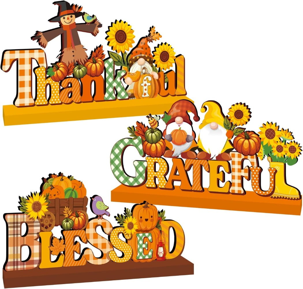 3-Piece Grateful Thankful Blessed Fall Table Centerpieces Wood Pumpkin Sunflower Style Autumn Decorations, Perfect Thanksgiving Tabletopper for Home Dining & Kitchen Tables