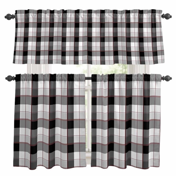 3 Piece Gray Buffalo Plaid Kitchen Curtain Valance and Tiers Set Black Geometric Check Purple Line Gradient Rod Pocket Tier Curtain 24 Inch Small Window Drapes for Living Room Bedroom Cafe Home Decor