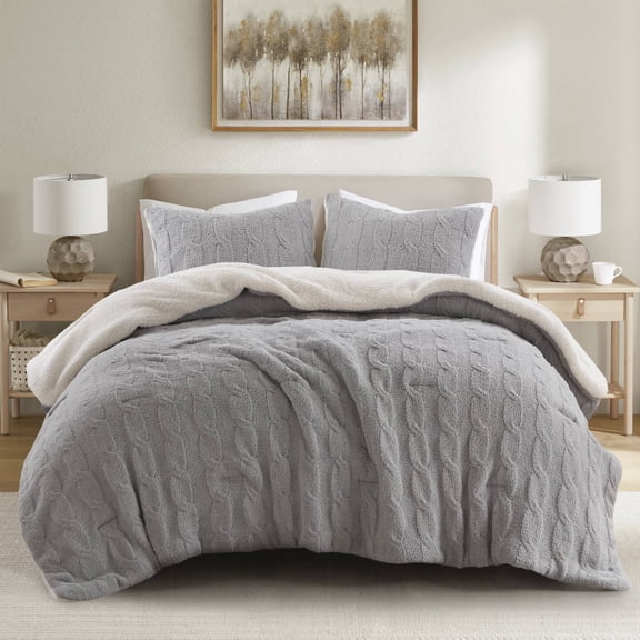 3-Piece Gray Chenille Cable Knit Comforter Set for Full/Queen Beds